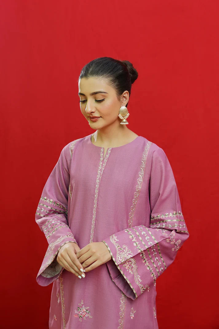 URGE-3PC KHADDAR EMBROIDRED SHIRT WITH TWILPRINTED SHAWL & EMB TROUSER-EP-5497