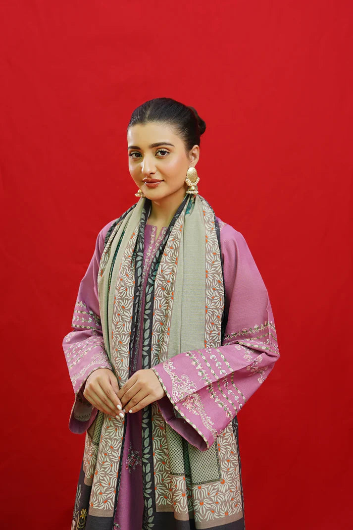 URGE-3PC KHADDAR EMBROIDRED SHIRT WITH TWILPRINTED SHAWL & EMB TROUSER-EP-5497