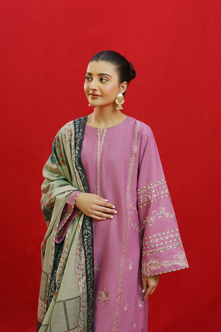 URGE-3PC KHADDAR EMBROIDRED SHIRT WITH TWILPRINTED SHAWL & EMB TROUSER-EP-5497