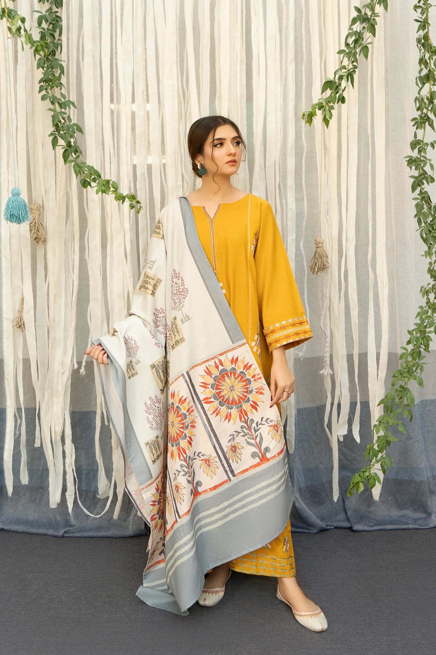 URGE-3PC DHANAK EMBROIDERED SHIRT WITH COUTURE PRINTED SHAWL & EMB TROUSER-EP-2690