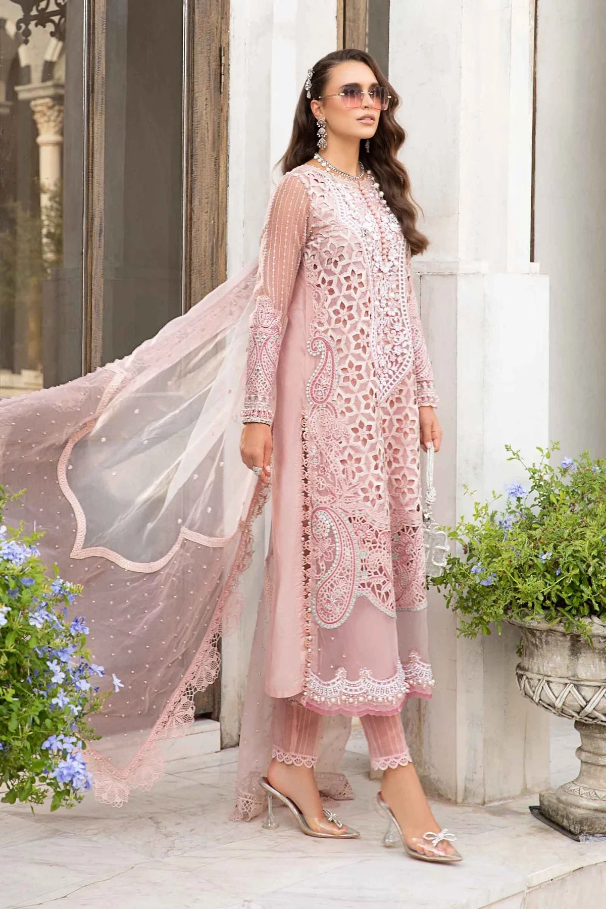 MARIA B - 3PC EMBROIDERED ORGANZA PANEL EMBROIDERED ORGANZA DAMAN WITH PEARL WITH ORGANZA EMBROIDERED READY TO WEAR DUPATTA WITH TROUSER -EP- 5303