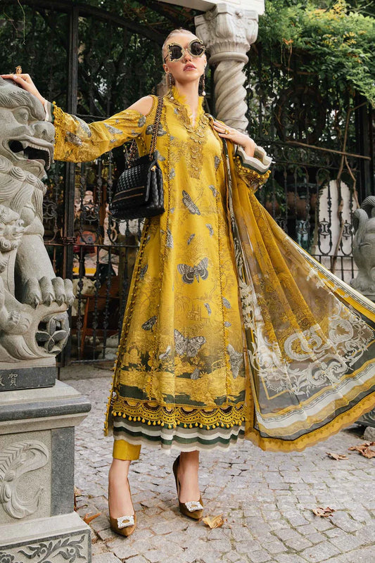 MARIA B- 3PC KARANDI PRINTED EMBROIDERED SHIRT WITH KARANDI PRINTED SHAWL AND KARANDI PRINTED TROUSER-EP-5372