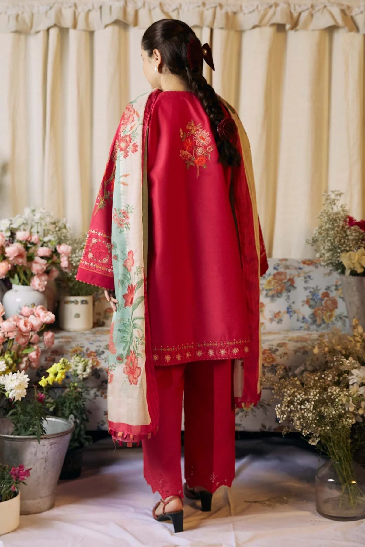 ZARASHAHJAHAN -3PC DHANAK EMBROIDERED SHIRT WITHWOOL PRINTED SHAWL & EMB TROUSER-EP-2856 PINK