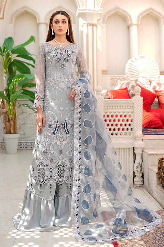 MARYAM-ORGANZA HANDMADE EMBROIDERED ORGANZA DAMAN WITH PEARL WITH ORGANZA HANDMADE EMBROIDERED READY TO WEAR DUPATTA WITH TROUSER -EP-3425