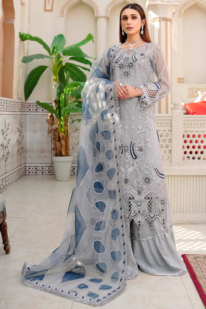 MARYAM-ORGANZA HANDMADE EMBROIDERED ORGANZA DAMAN WITH PEARL WITH ORGANZA HANDMADE EMBROIDERED READY TO WEAR DUPATTA WITH TROUSER -EP-3425