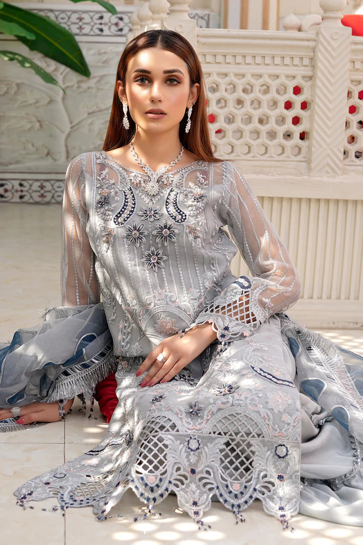 MARYAM-ORGANZA HANDMADE EMBROIDERED ORGANZA DAMAN WITH PEARL WITH ORGANZA HANDMADE EMBROIDERED READY TO WEAR DUPATTA WITH TROUSER -EP-3425