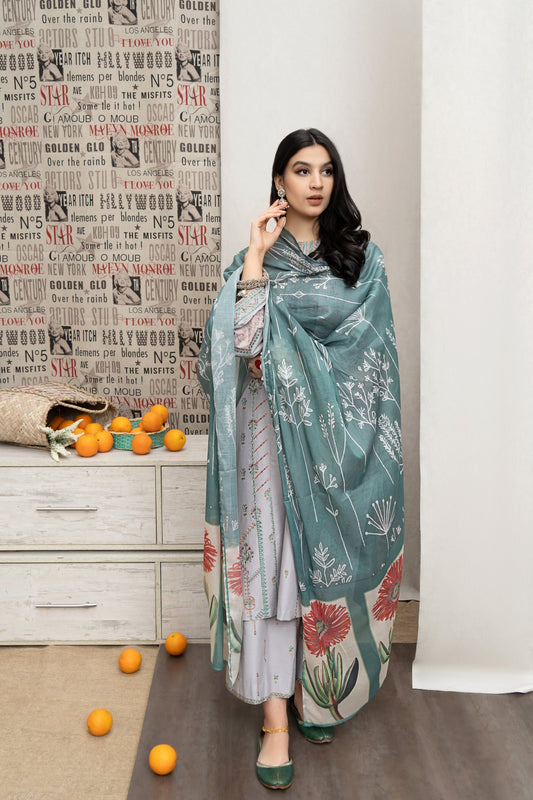 URGE -3PC DHANAK  EMBROIDERED SHIRT WITH COUTURE PRINTED SHAWL EMB TROUSER-EP-2801