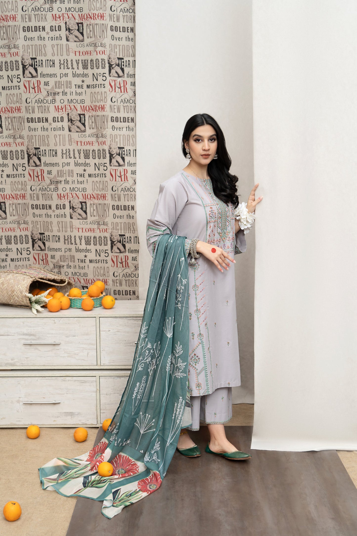 URGE -3PC DHANAK  EMBROIDERED SHIRT WITH COUTURE PRINTED SHAWL EMB TROUSER-EP-2801