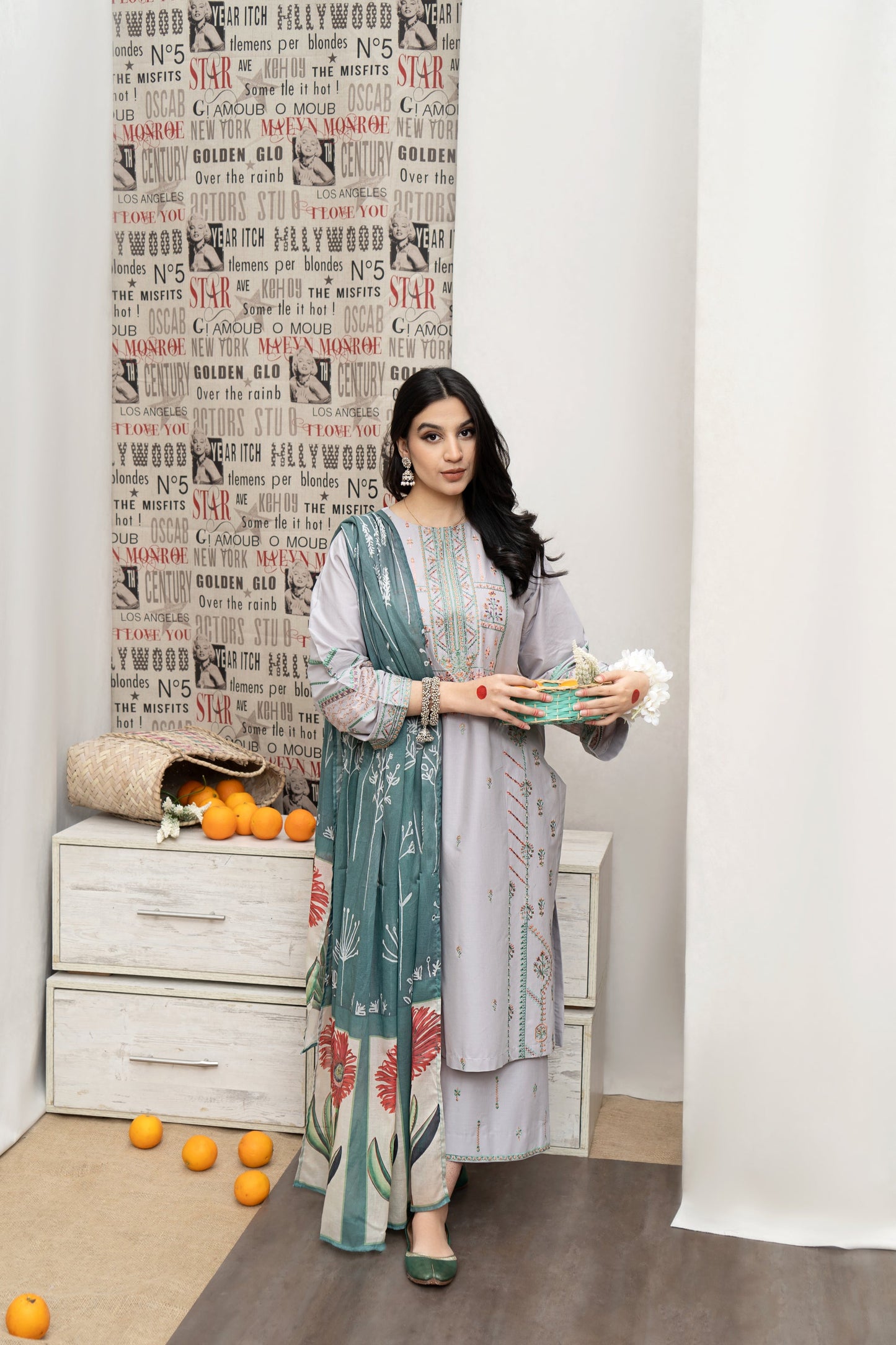 URGE -3PC DHANAK  EMBROIDERED SHIRT WITH COUTURE PRINTED SHAWL EMB TROUSER-EP-2801