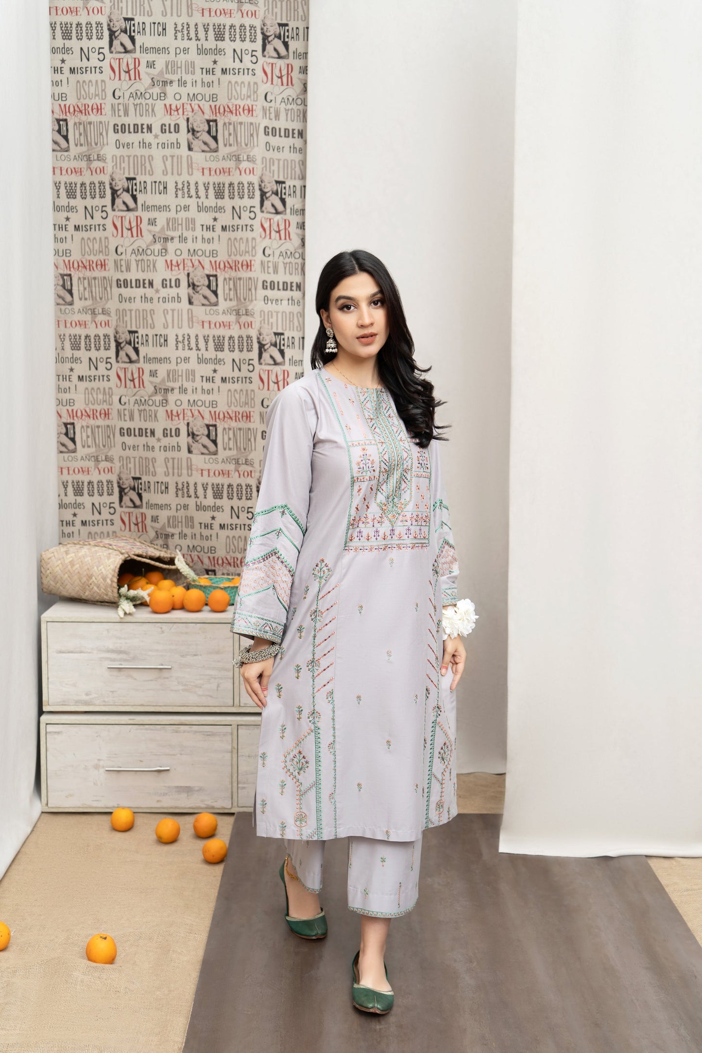 URGE -3PC DHANAK  EMBROIDERED SHIRT WITH COUTURE PRINTED SHAWL EMB TROUSER-EP-2801