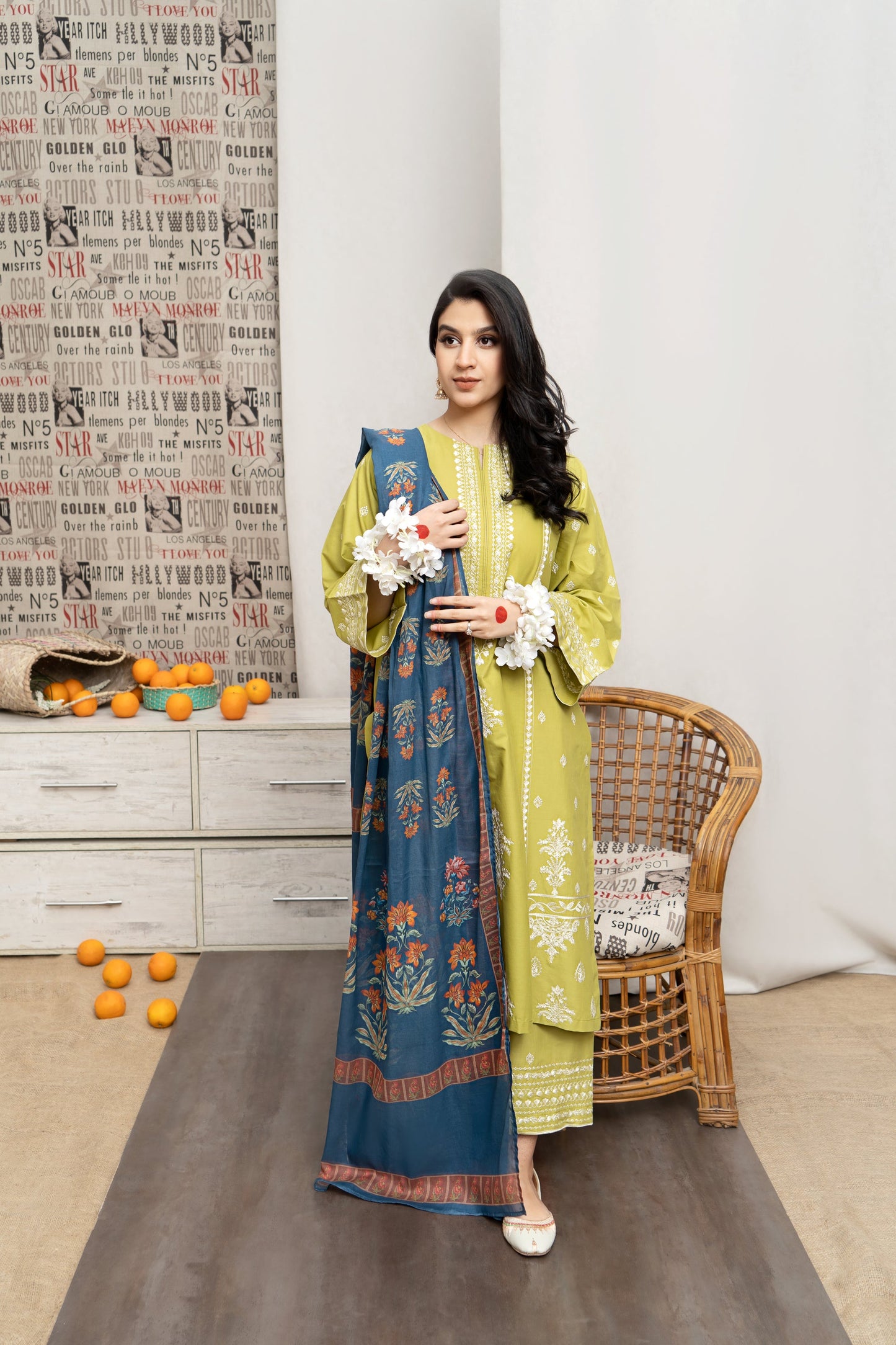 URGE- 3PC DHANAK EMBROIDERED SHIRT WITH KOTARAI PRINTED SHAWL AND EMB TROUSER-EP-5191