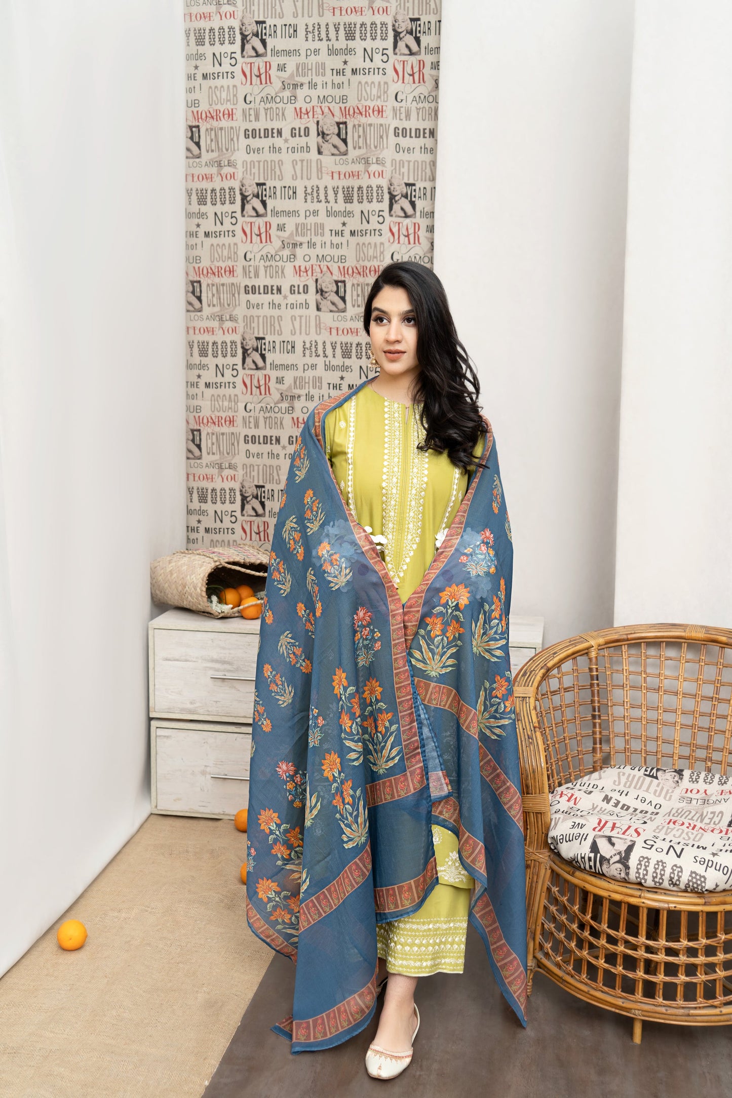 URGE- 3PC DHANAK EMBROIDERED SHIRT WITH KOTARAI PRINTED SHAWL AND EMB TROUSER-EP-5191