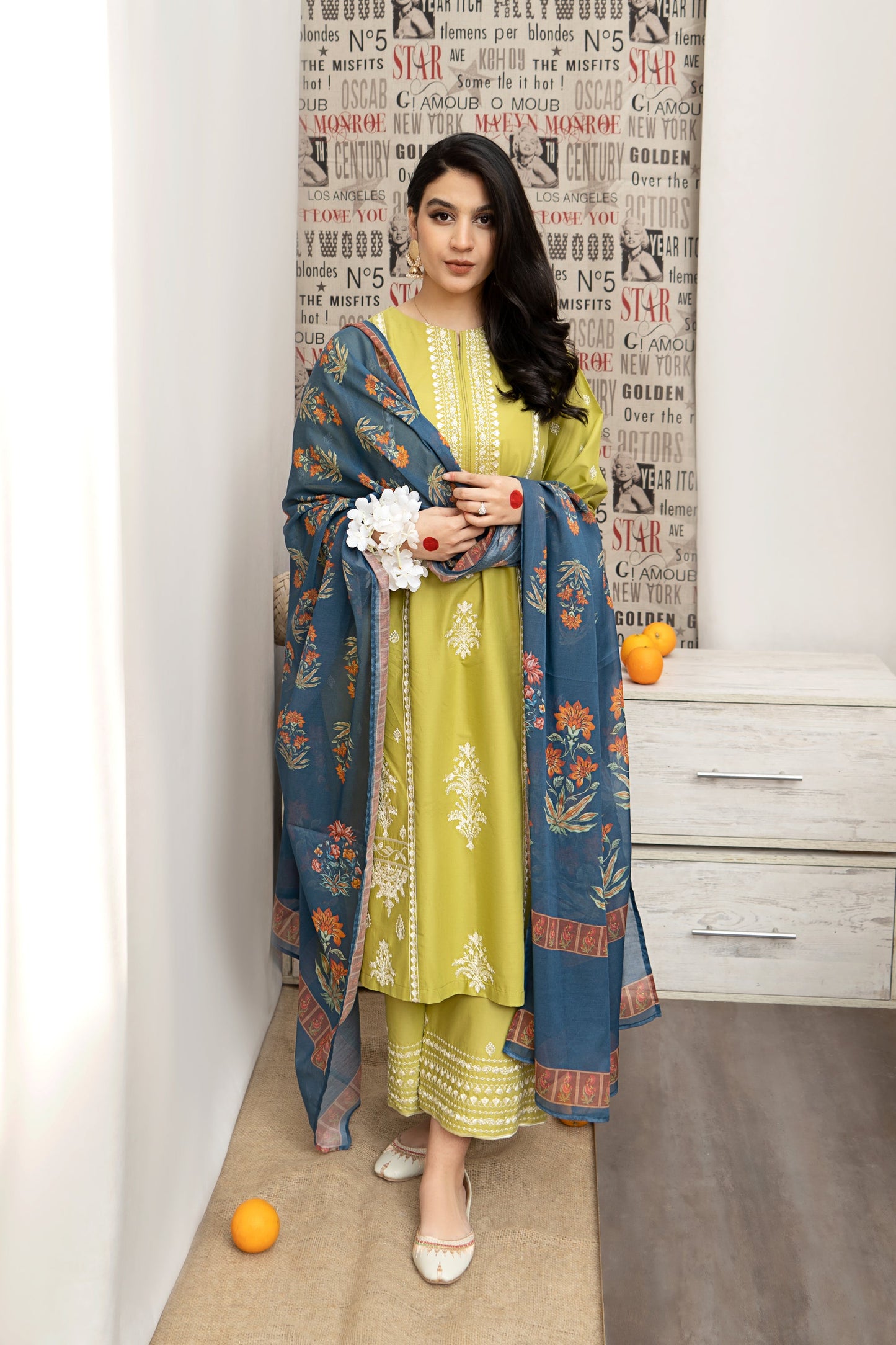 URGE- 3PC DHANAK EMBROIDERED SHIRT WITH KOTARAI PRINTED SHAWL AND EMB TROUSER-EP-5191