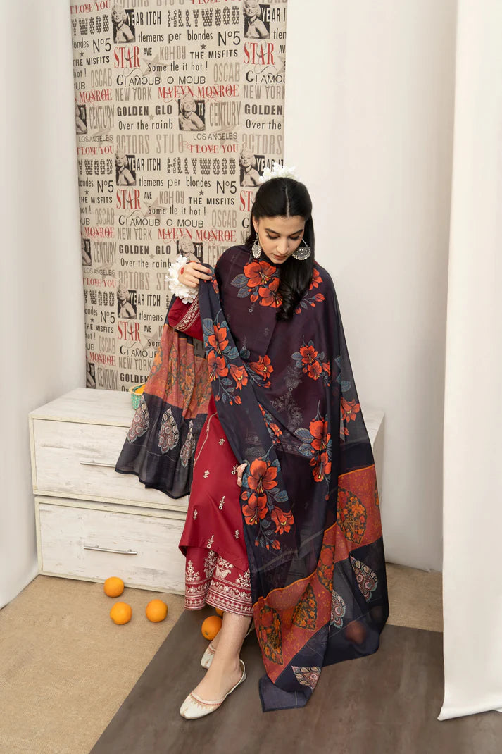 URGE - 3PC DHANAK EMBROIDERED SHIRT WITH COUTURE PRINTED SHAWL AND EMB TROUSER-EP-5338