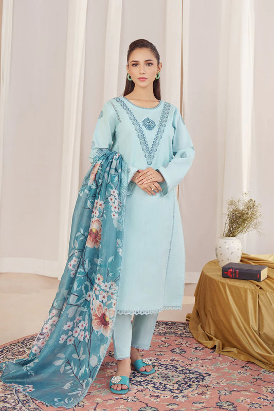 HANA-3PC DHANAK EMBROIDERED SHIRT WITH TWILL PRINTED SHAWL & TROUSER-EP-5452