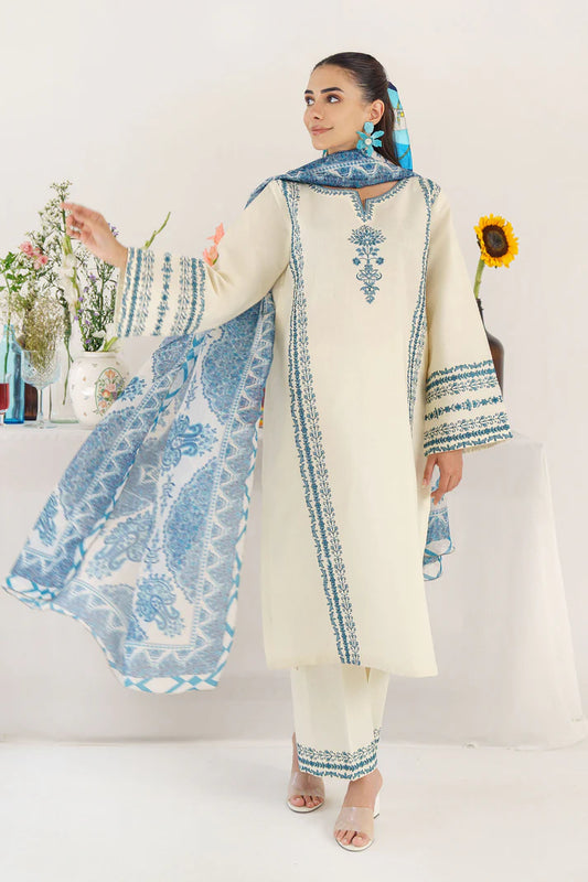 HANA- 3PC KHADAR EMBROIDERED SHIRT WITH COUTURE PRINT SHAWL AND TROUSER-EP-5333