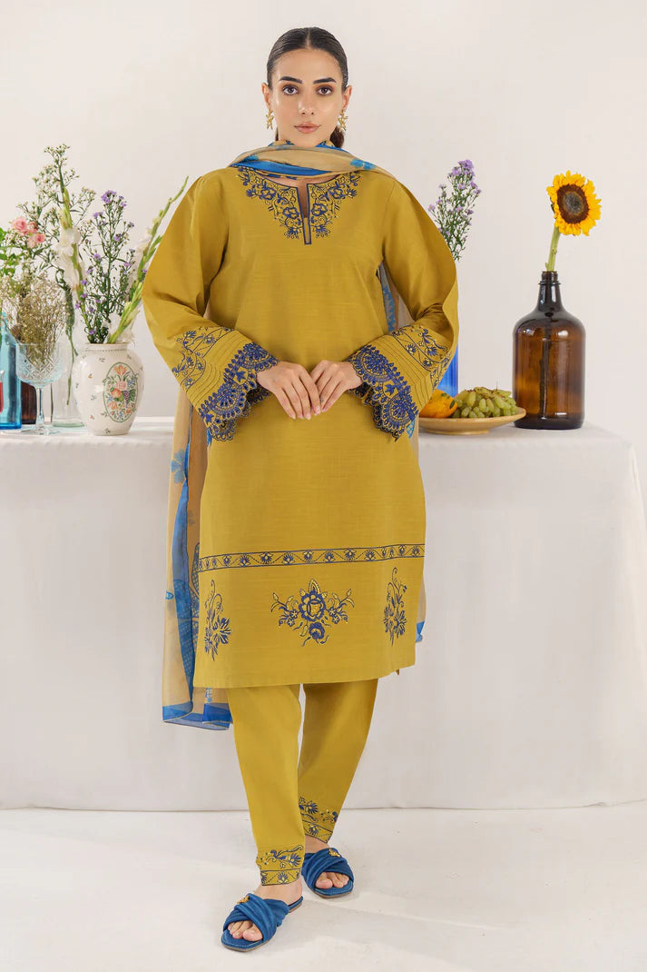 HANA- 3PC KHADAR EMBROIDERED SHIRT WITH COUTURE PRINT SHAWL AND TROUSER-EP-5334