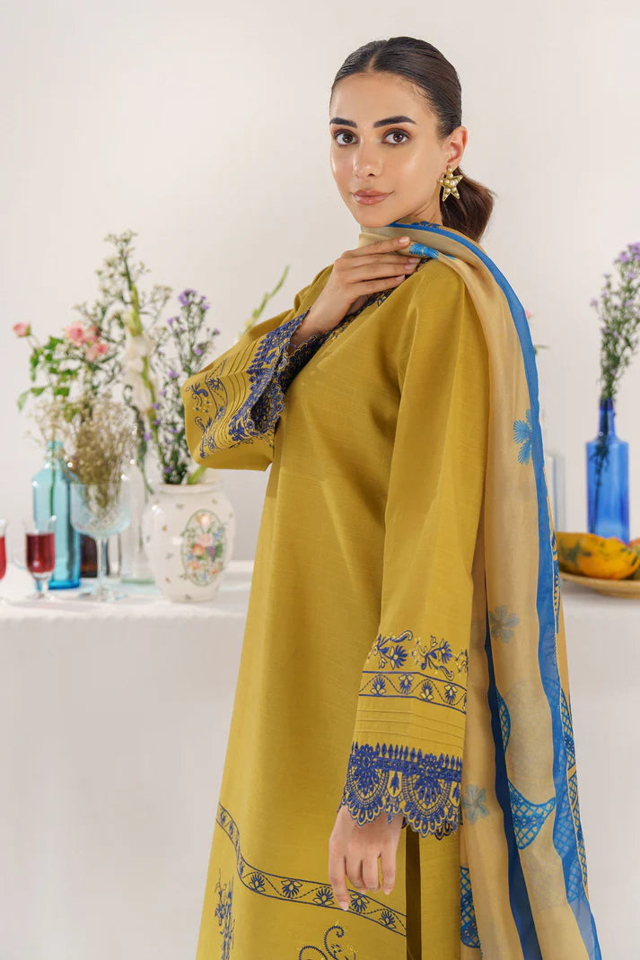 HANA- 3PC KHADAR EMBROIDERED SHIRT WITH COUTURE PRINT SHAWL AND TROUSER-EP-5334