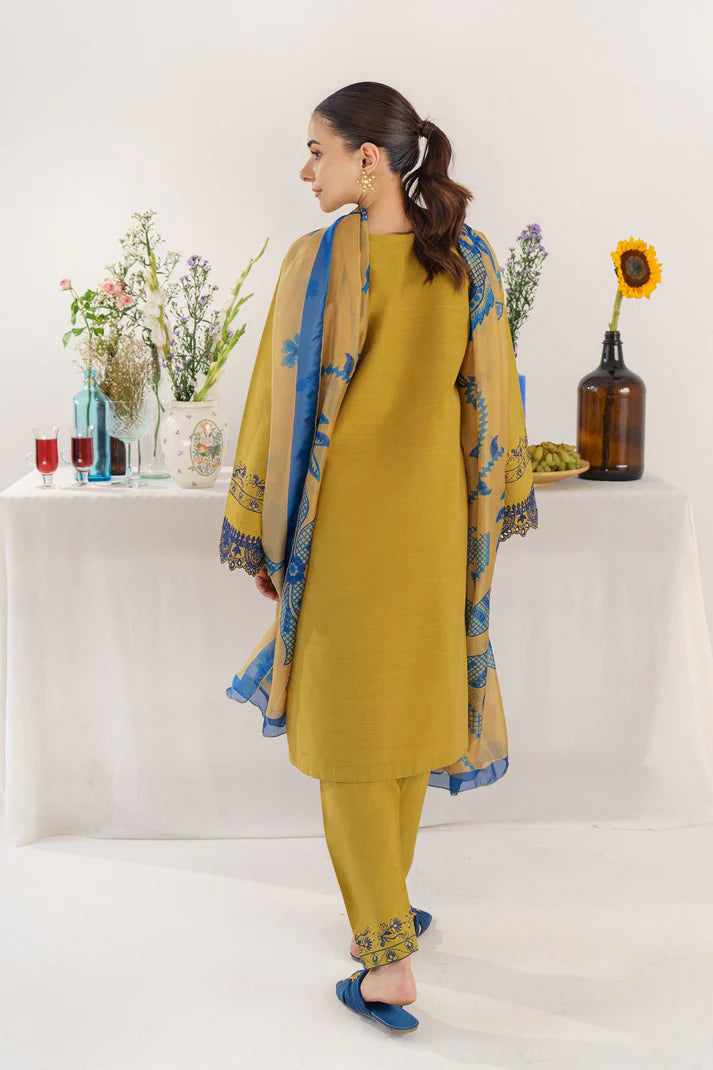 HANA- 3PC KHADAR EMBROIDERED SHIRT WITH COUTURE PRINT SHAWL AND TROUSER-EP-5334