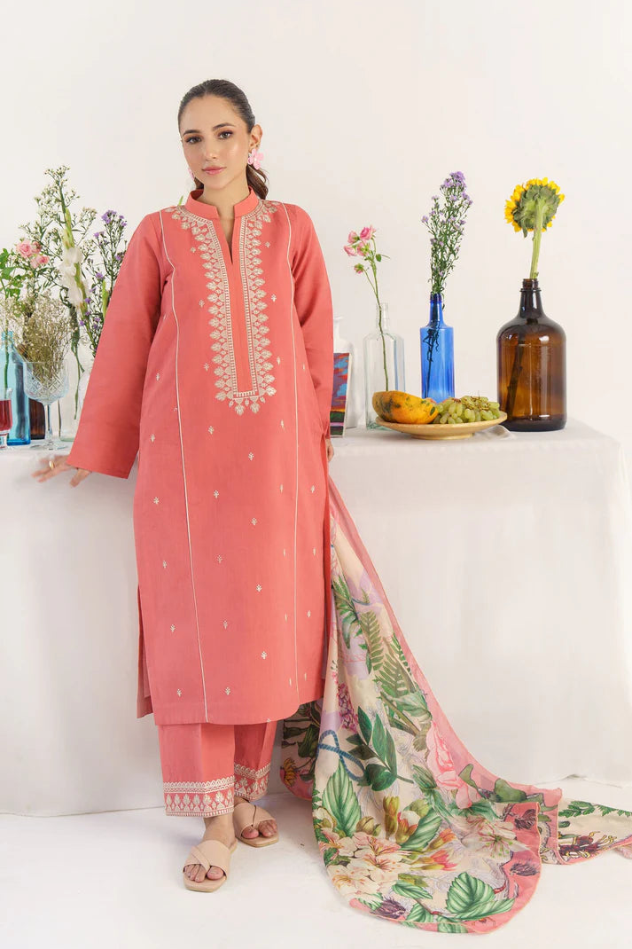 HANA- 3PC KHADAR EMBROIDERED SHIRT WITH COUTURE PRINT SHAWL & TROUSER-EP-5387