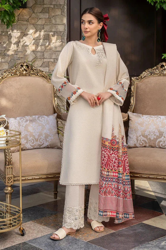 GHAZAL- 3PC DHANAK EMBROIDERED SHIRT WITH WOOL PRINT SHAWL & TROUSER-EP-5359