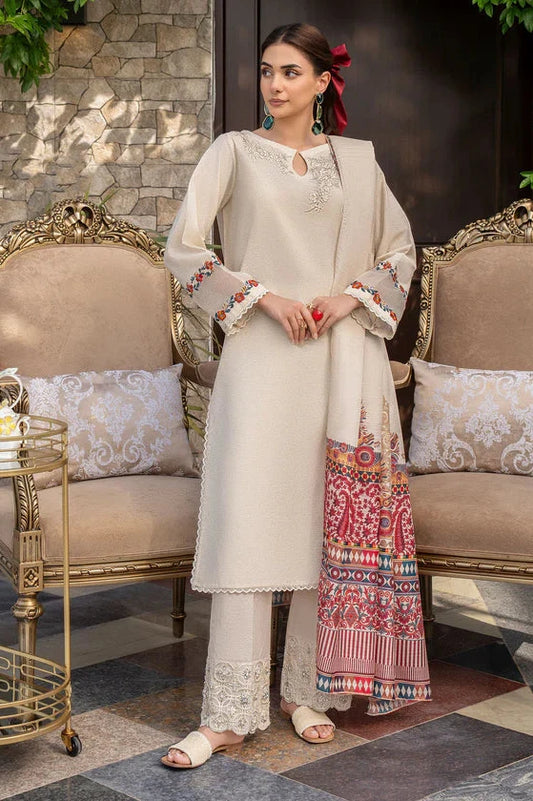 GHAZAL- 3PC DHANAK EMBROIDERED SHIRT WITH WOOL PRINT SHAWL & TROUSER-EP-5359