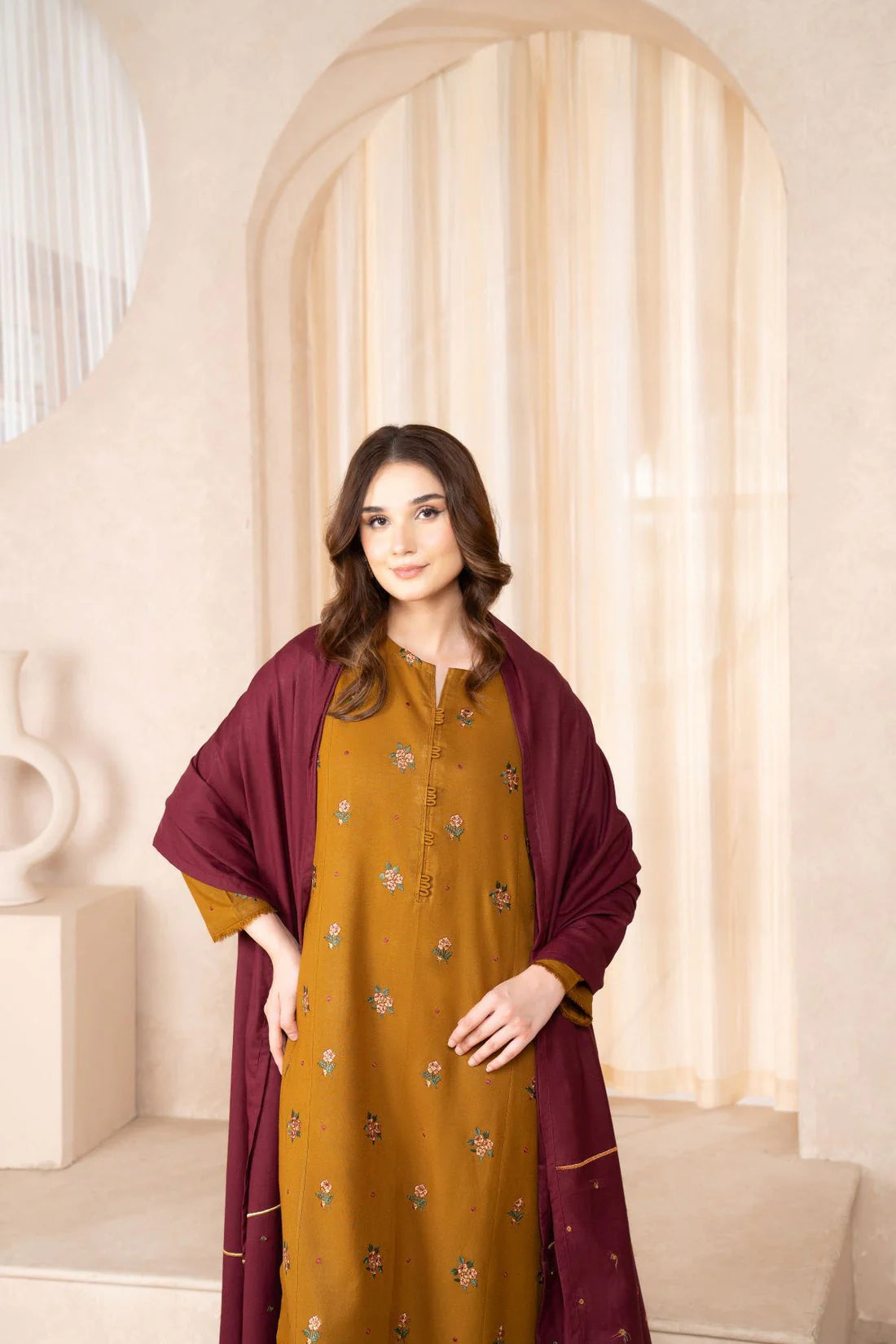 LAZULI- 3PC DHANAK EMBROIDERED SHIRT WITH DHANAK EMBROIDERED SHAWL & TROUSER-EP-5402