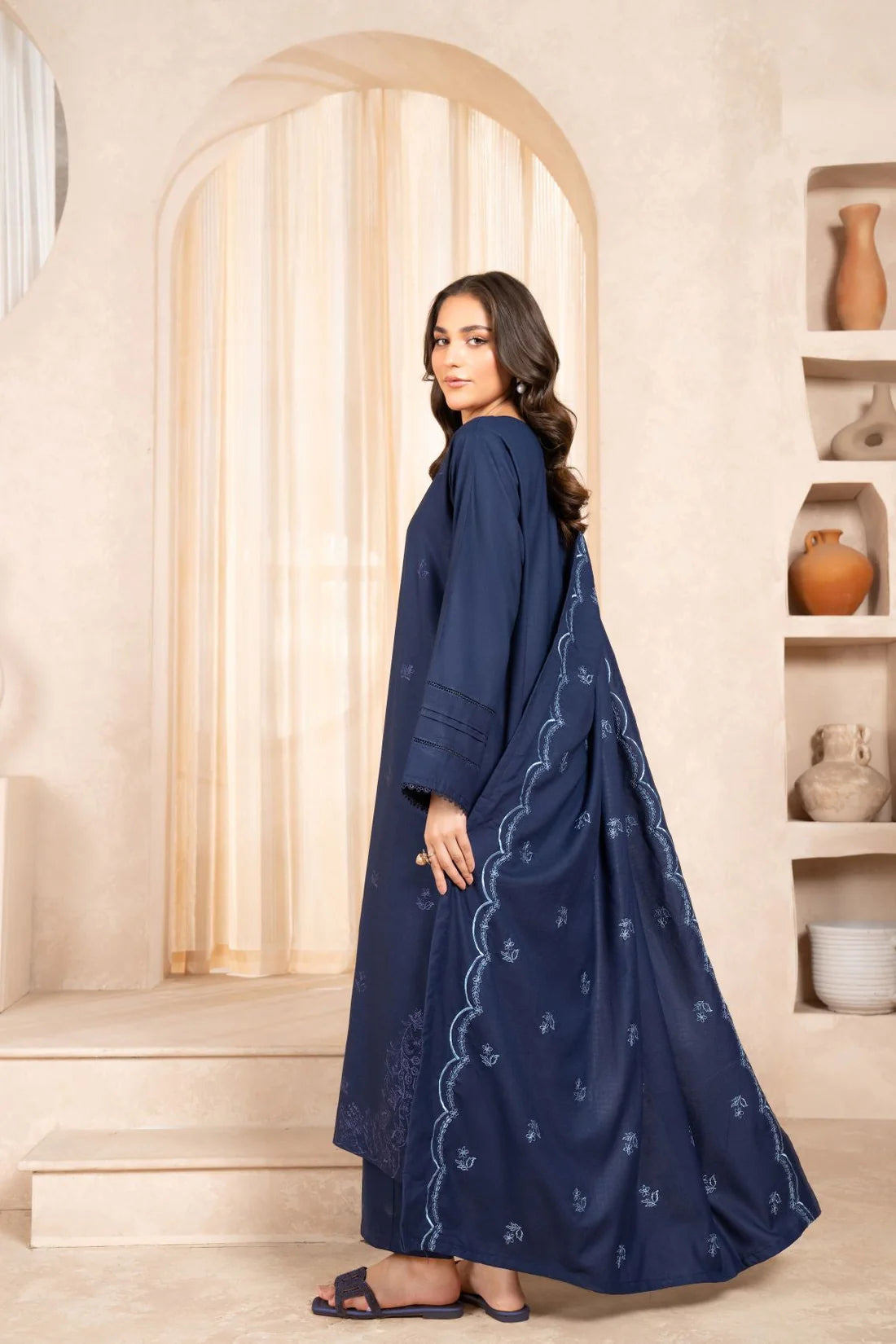 LAZULI-3PC EMBROIDERED SHIRT WITH DHANAK EMBROIDERED SHAWL & TROUSER-EP-5451