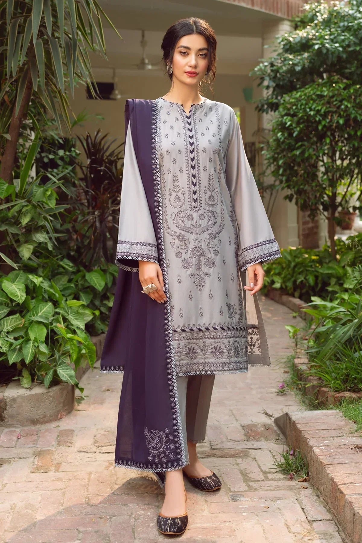 JAZMIN - 3PC DHANAK EMBROIDERED SHIRT WITH BAMBER CHIFFON EMBROIDERD DUPATTA DHANAK TROUSER & - EP-5109