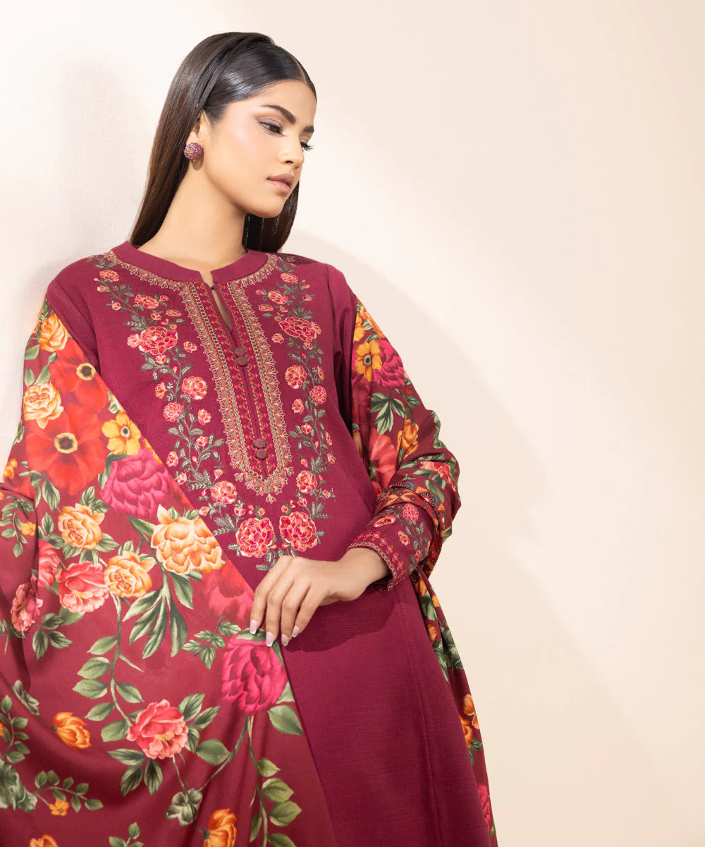 SAPPHIRE- 3PC DHANAK EMBROIDERED SHIRT WITH TWILL PRINT SHAWL & TROUSER-EP-5487