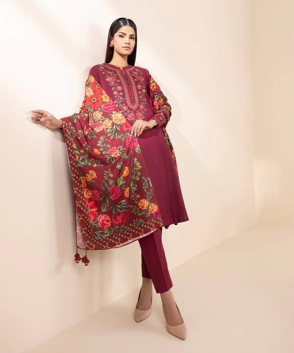 SAPPHIRE- 3PC DHANAK EMBROIDERED SHIRT WITH TWILL PRINT SHAWL & TROUSER-EP-5487