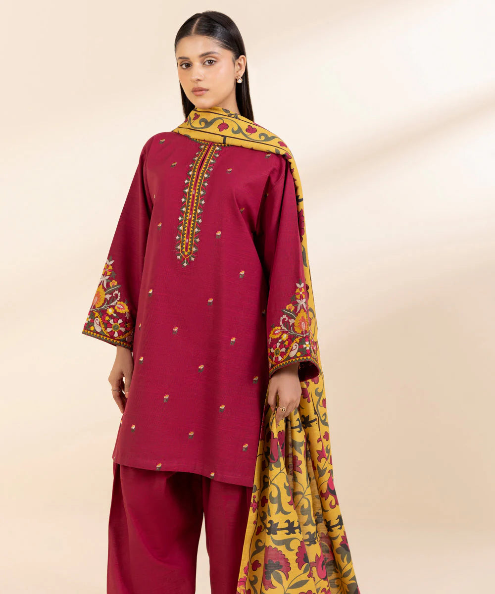 SAPPHIRE- 3PC KHADDAR EMBROIDERED SHIRT WITH TWILL PRINT SHAWL & TROUSER-EP-5483