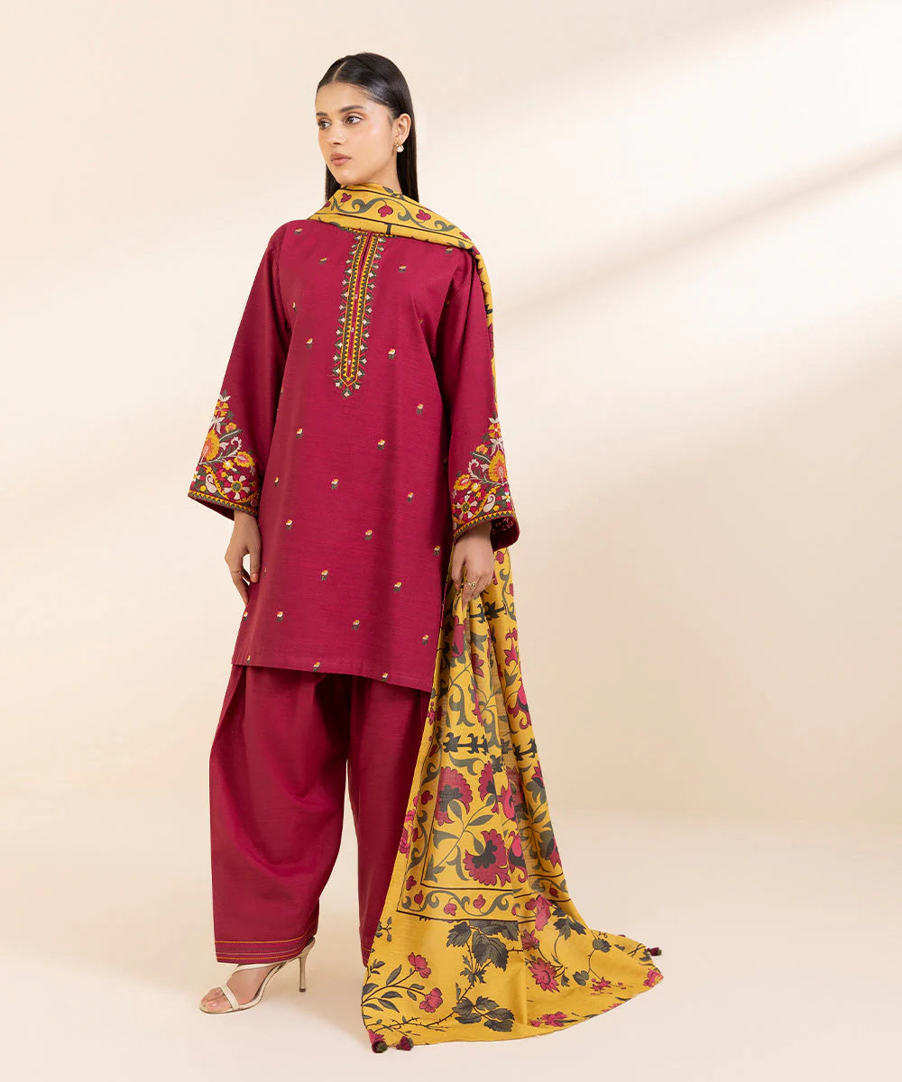 SAPPHIRE- 3PC KHADDAR EMBROIDERED SHIRT WITH TWILL PRINT SHAWL & TROUSER-EP-5483