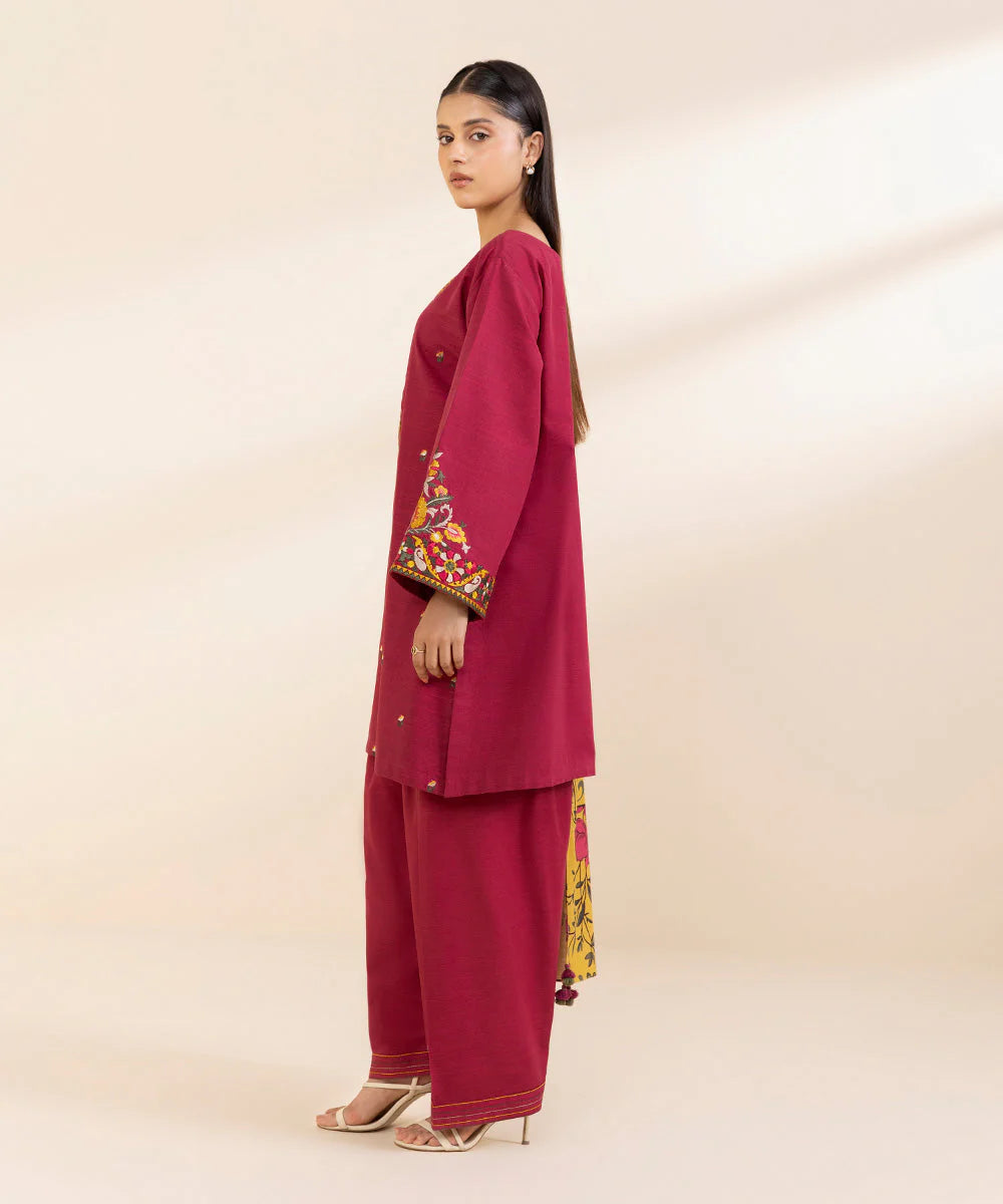 SAPPHIRE- 3PC KHADDAR EMBROIDERED SHIRT WITH TWILL PRINT SHAWL & TROUSER-EP-5483