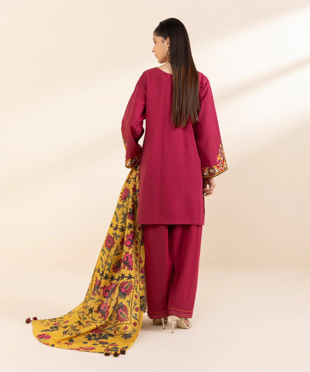 SAPPHIRE- 3PC KHADDAR EMBROIDERED SHIRT WITH TWILL PRINT SHAWL & TROUSER-EP-5483