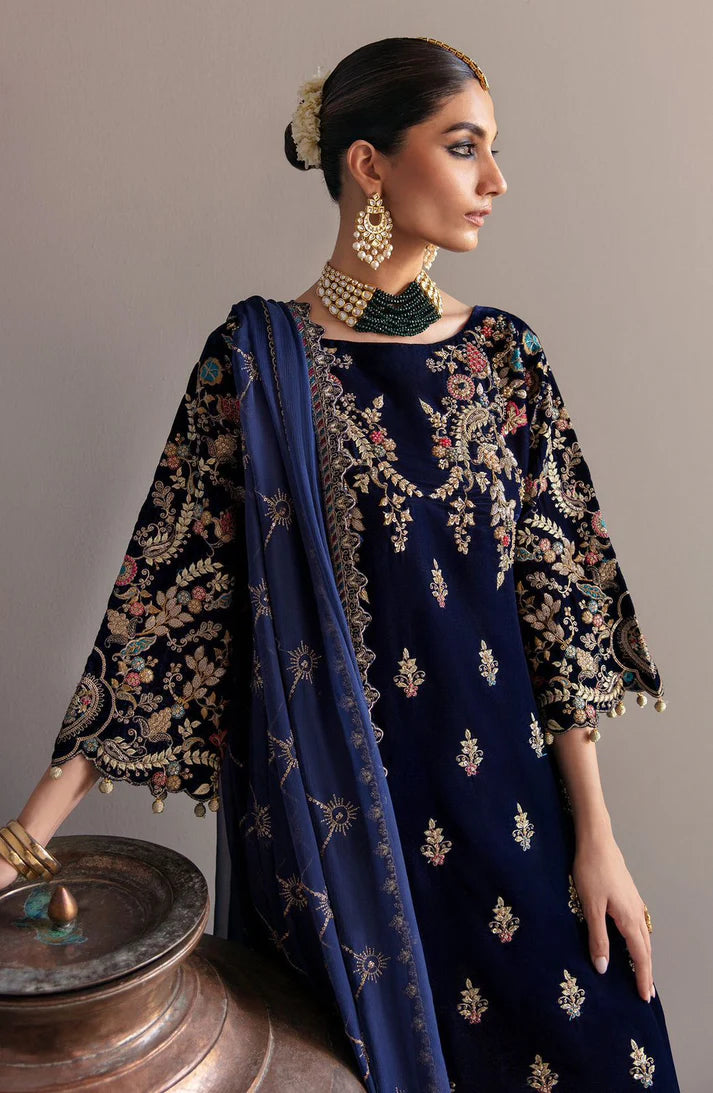 JAZMIN -VELVET 3PC-SEQUENCE EMBROIDERED WORK SHIRT WITH BAMBER CHIFFON HEAVY SEQUENCE EMBROIDERED DUPATTA -EP-D-1- MICRO 9000 VELVET