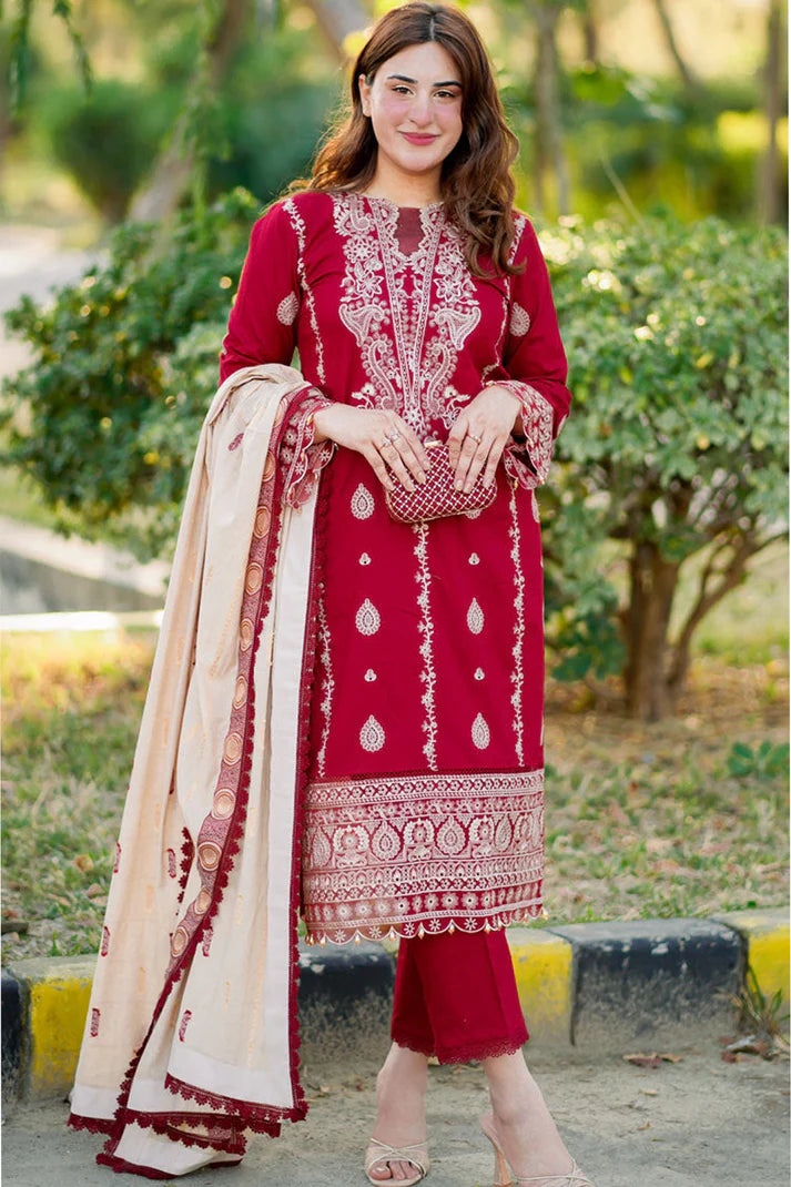 HANA- 3PC DHANAK EMBROIDERED SHIRT WITH COUTURE PRINT SHAWL & TROUSER-EP-5388