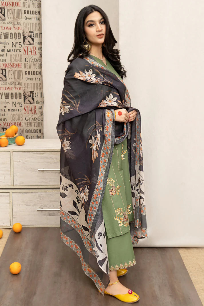 URGE- 3PC DHANAK EMBROIDERED SHIRT WITH COUTURE PRINT SHAWL AND EMB TROUSER-EP-5346