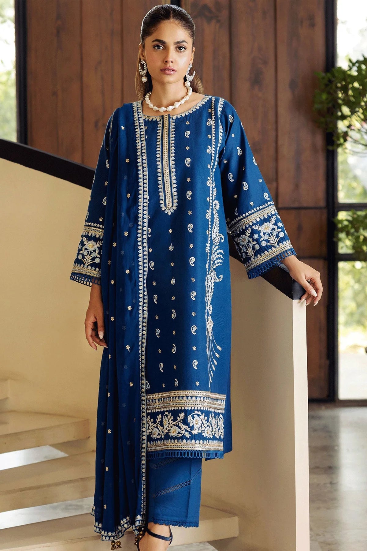 SO KAMAL- 3PC DHANAK EMBROIDERED SHIRT WITH DHANAK EMBROIDERED SHAWL & TROUSER-EP-5399