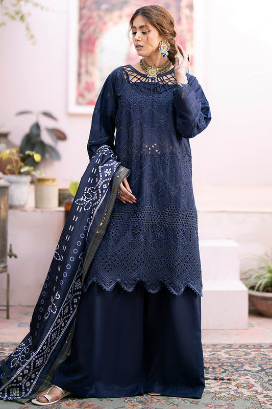 MAHNUR- 3PC CHIKENKARI LAWN EMBROIDERED SHIRT WITH DIAMOND PRINT DUPATTA & TROUSER _EP_ 5280