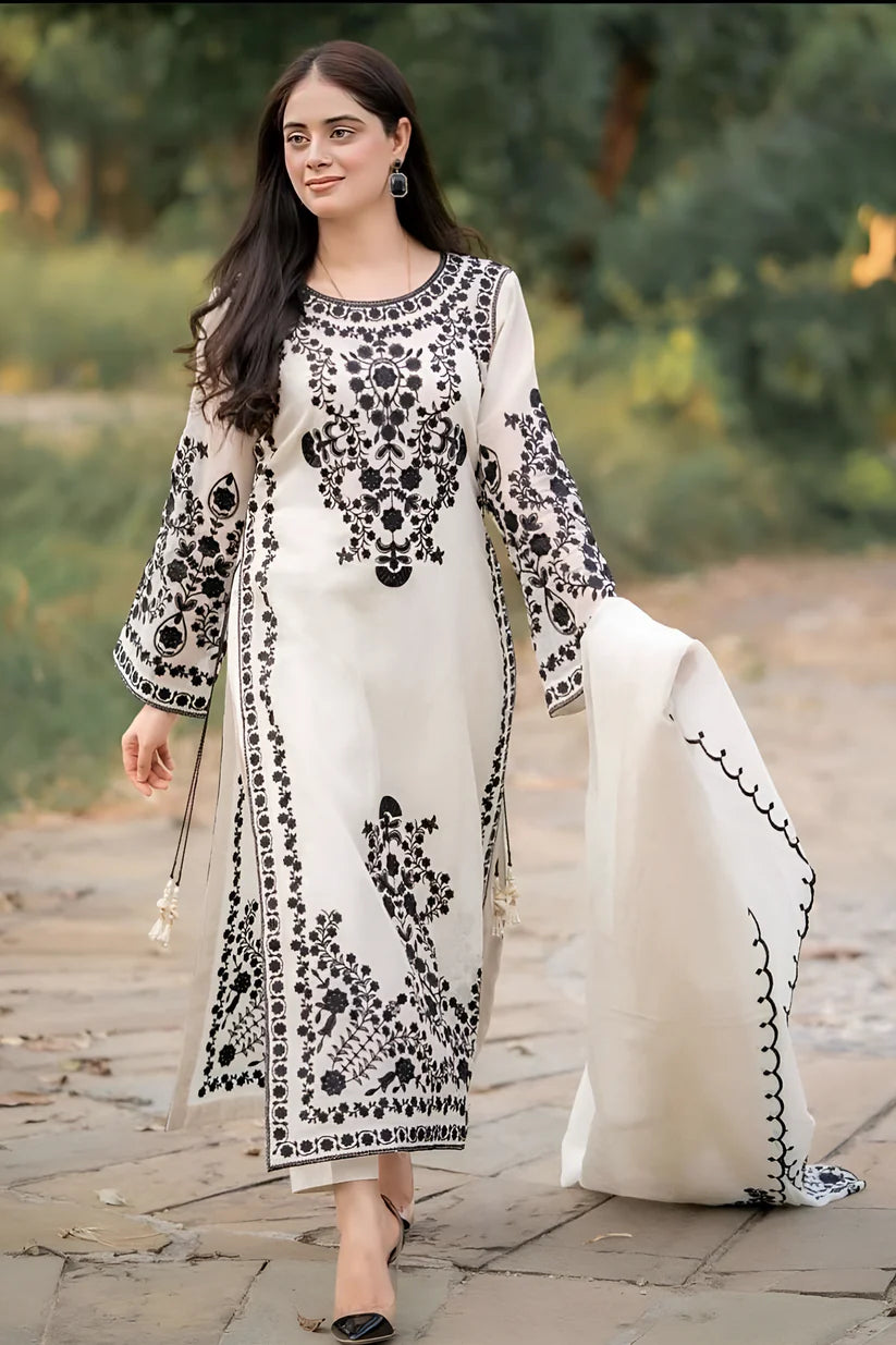 JAZMIN- DHANAK 3PC EMBROIDERED SHIRT WITH DHANAK EMBROIDERED SHAWL & TROUSER - EP - 2814