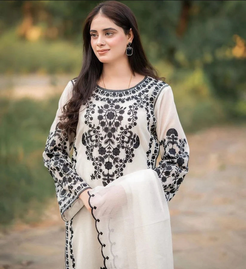 JAZMIN- DHANAK 3PC EMBROIDERED SHIRT WITH DHANAK EMBROIDERED SHAWL & TROUSER - EP - 2814