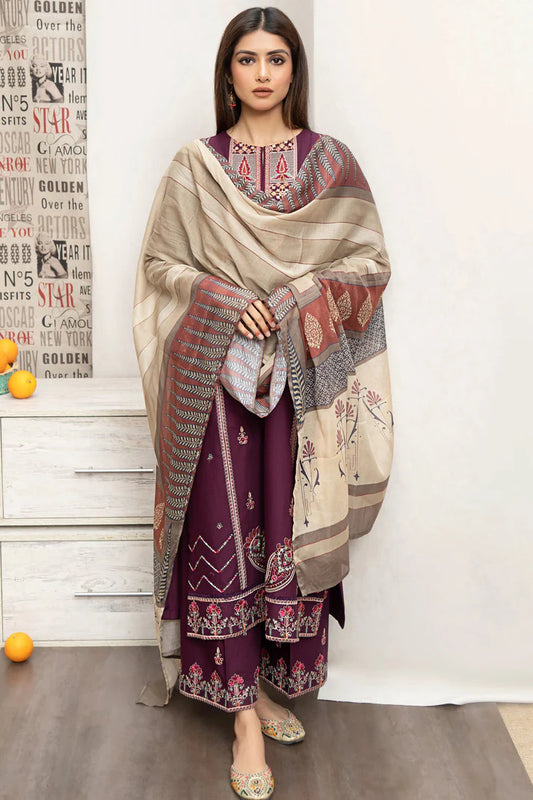 URGE- 3PC DHANAK EMBROIDERED SHIRT WITH COUTURE PRINT SHAWL AND EMB TROUSER-EP-5340