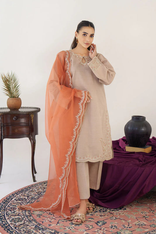 HANA- 3PC KHADDAR EMBROIDERED SHIRT WITH ORGANZA EMBROIDERED DUPATTA & TROUSER-EP-5386