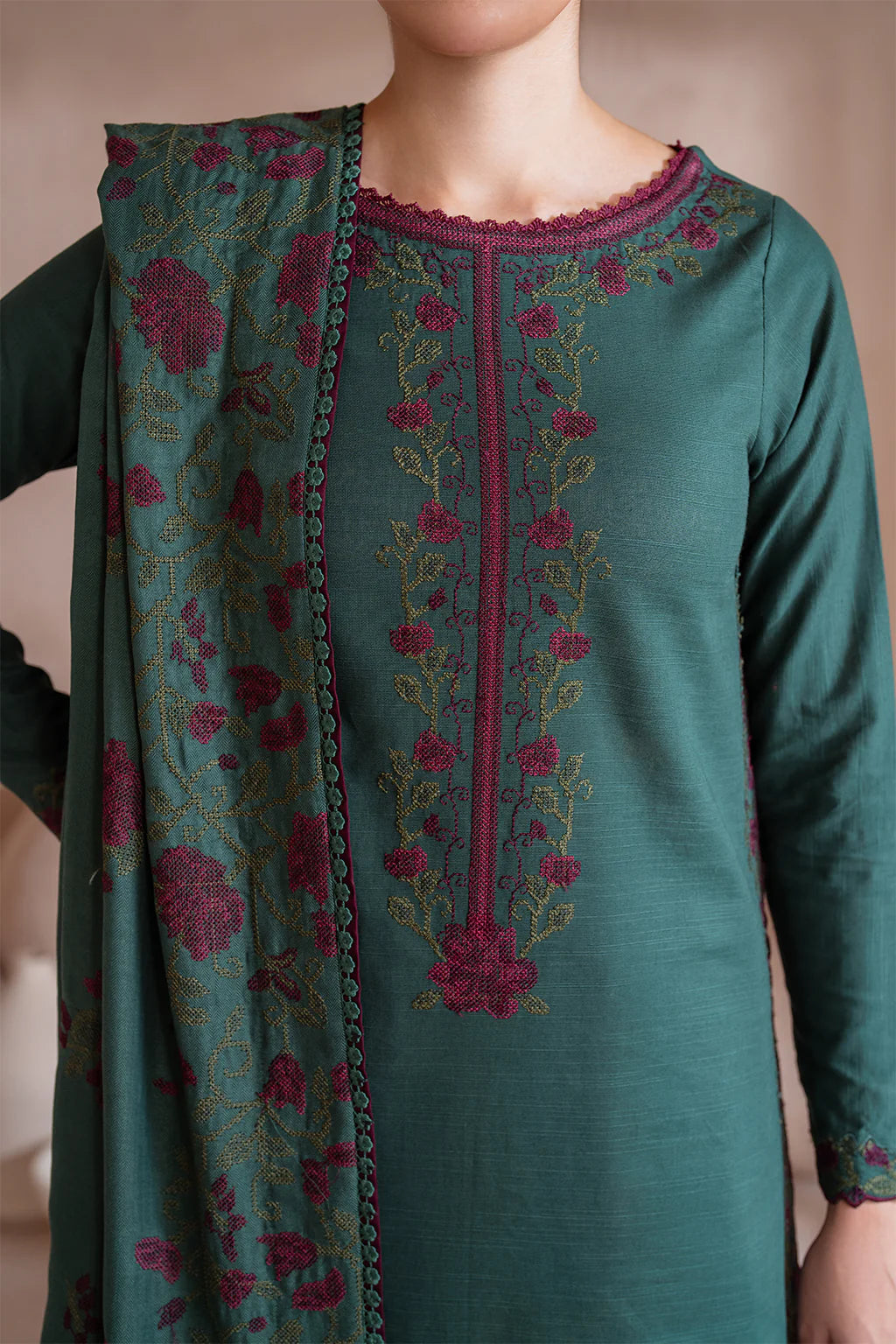 IZNIK-3PC DHANAK EMBROIDERED SHIRT WITH DHANAK EMBROIDERED SHAWL & TROUSER-EP-5502