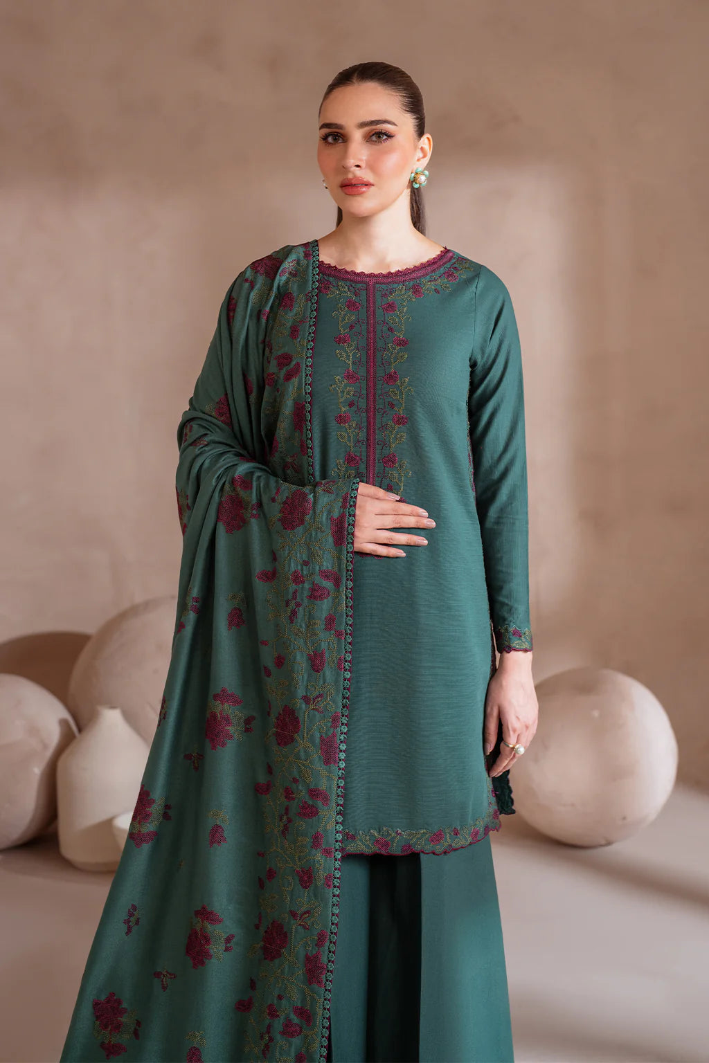 IZNIK-3PC DHANAK EMBROIDERED SHIRT WITH DHANAK EMBROIDERED SHAWL & TROUSER-EP-5502