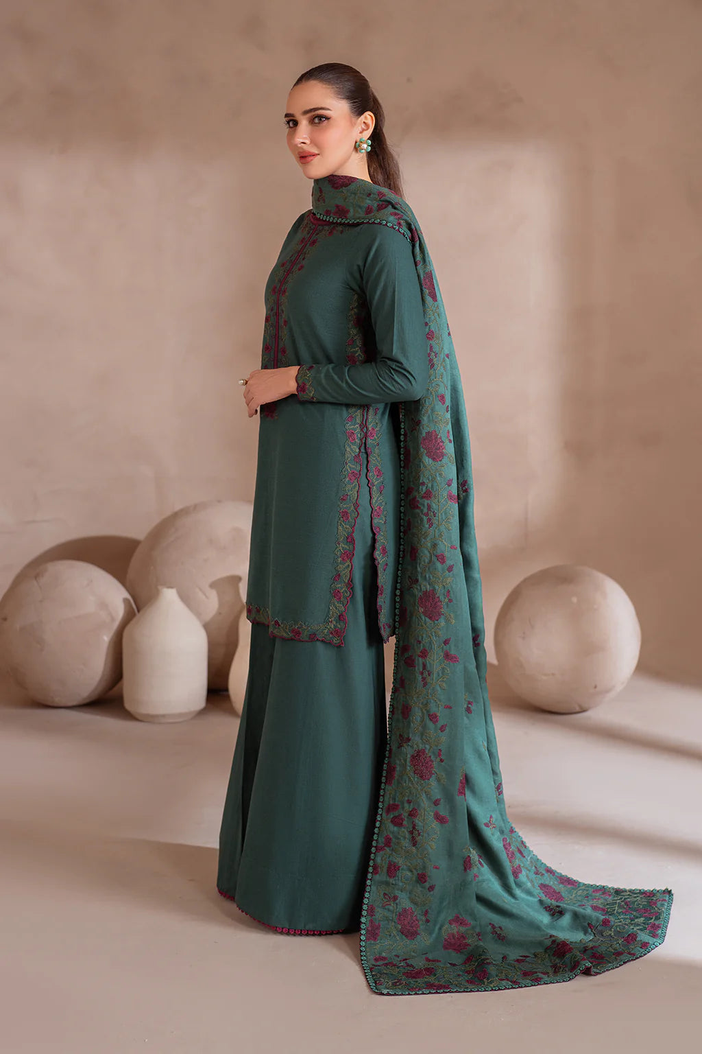 IZNIK-3PC DHANAK EMBROIDERED SHIRT WITH DHANAK EMBROIDERED SHAWL & TROUSER-EP-5502