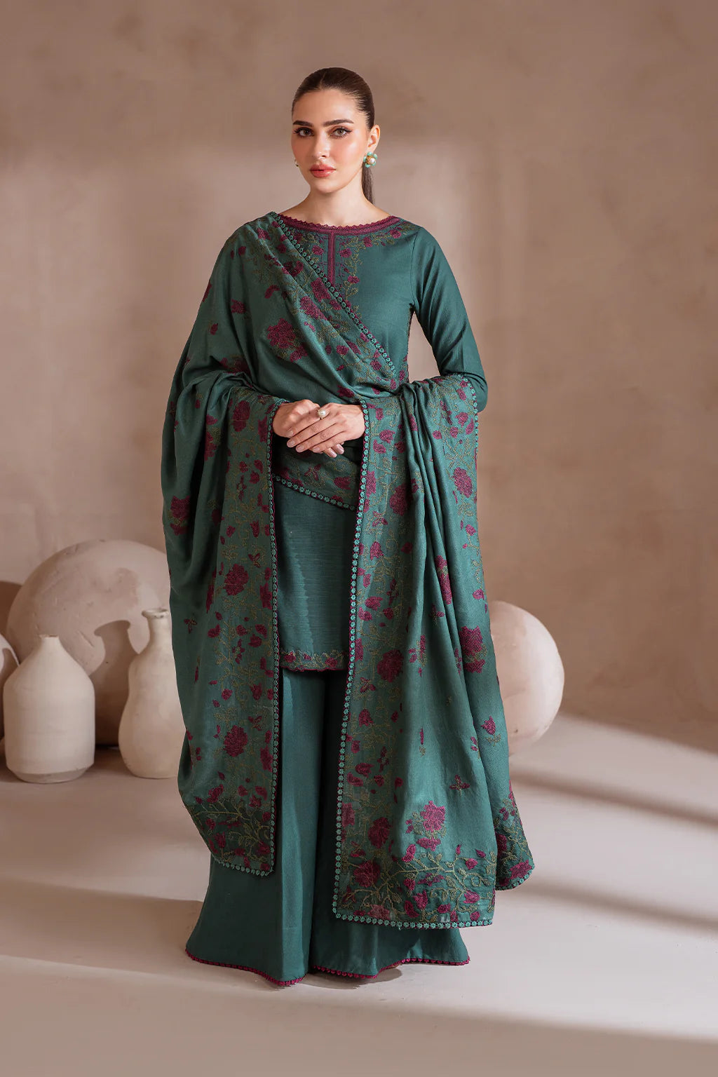 IZNIK-3PC DHANAK EMBROIDERED SHIRT WITH DHANAK EMBROIDERED SHAWL & TROUSER-EP-5502