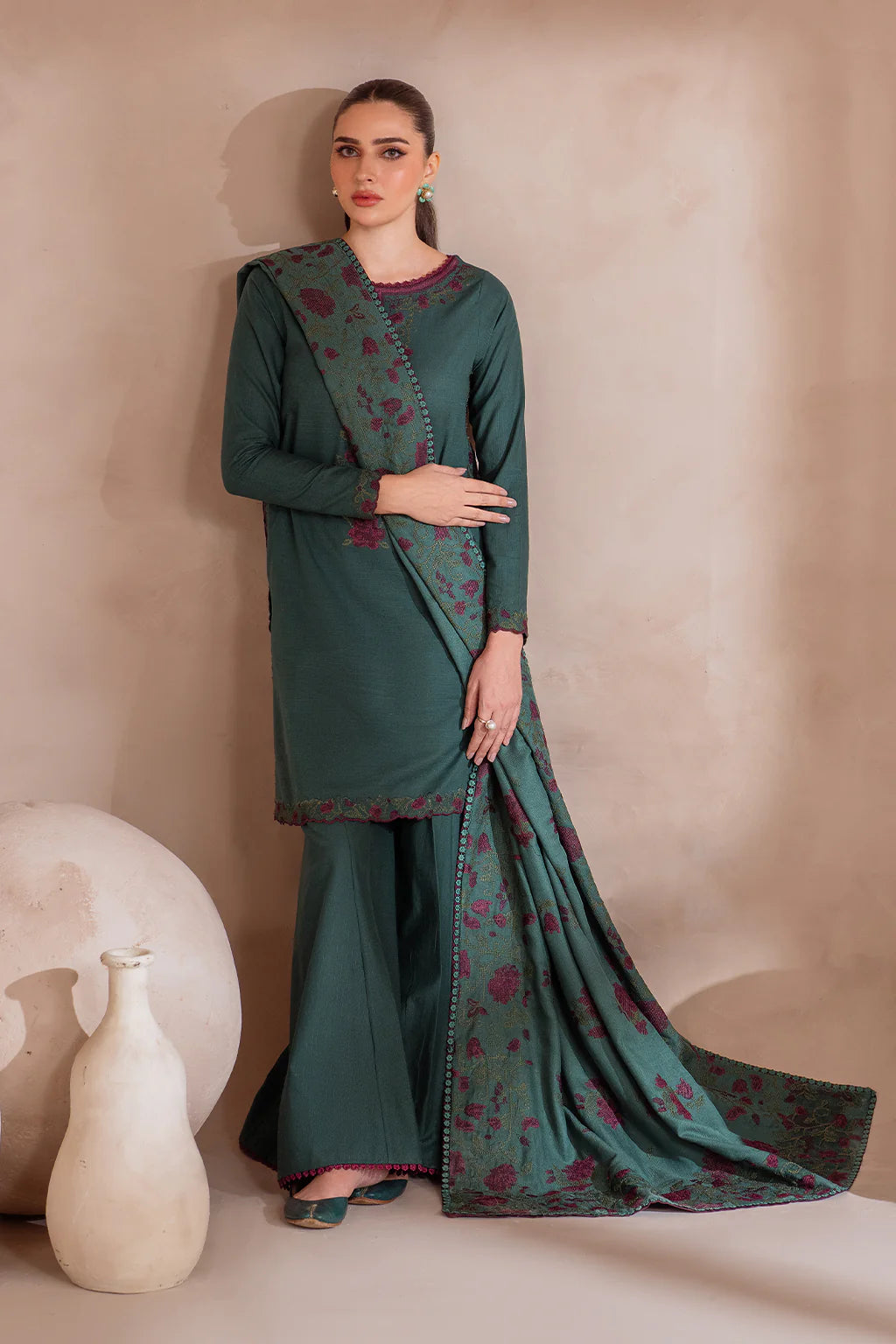 IZNIK-3PC DHANAK EMBROIDERED SHIRT WITH DHANAK EMBROIDERED SHAWL & TROUSER-EP-5502