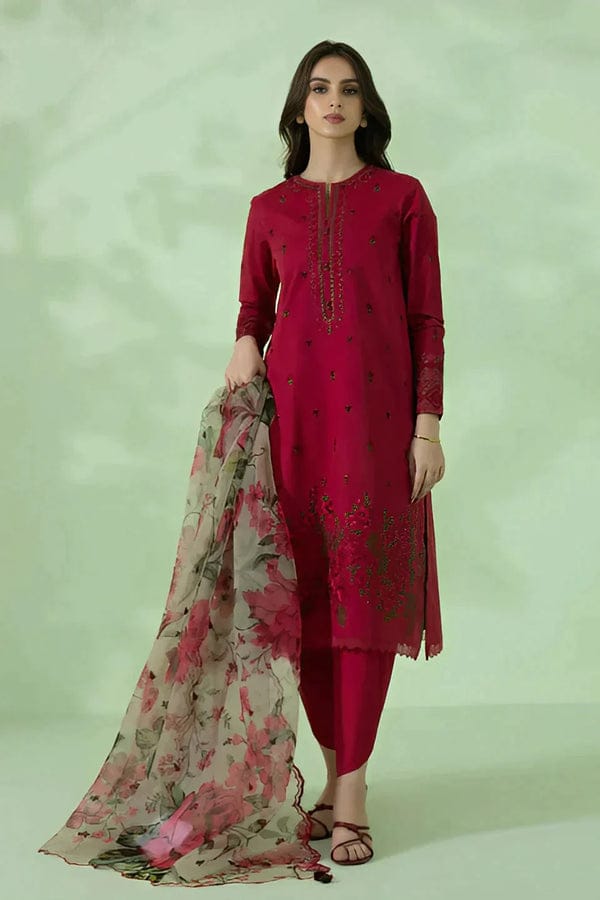 SAPPHIRE - 3PC DHANAK EMBROIDERED SHIRT WITH ORGANZA  PRINT DUPATTA & TROUSER- EP-2625